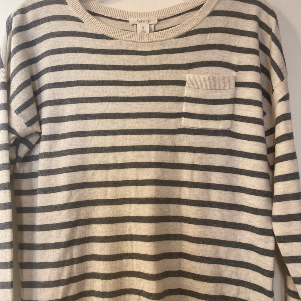 Caslon Women's Striped Knit Sweater XS Beige Gray Long Sleeve